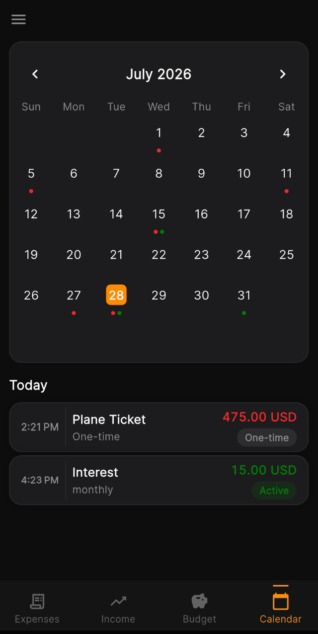 Financial calendar with due dates in EXPN